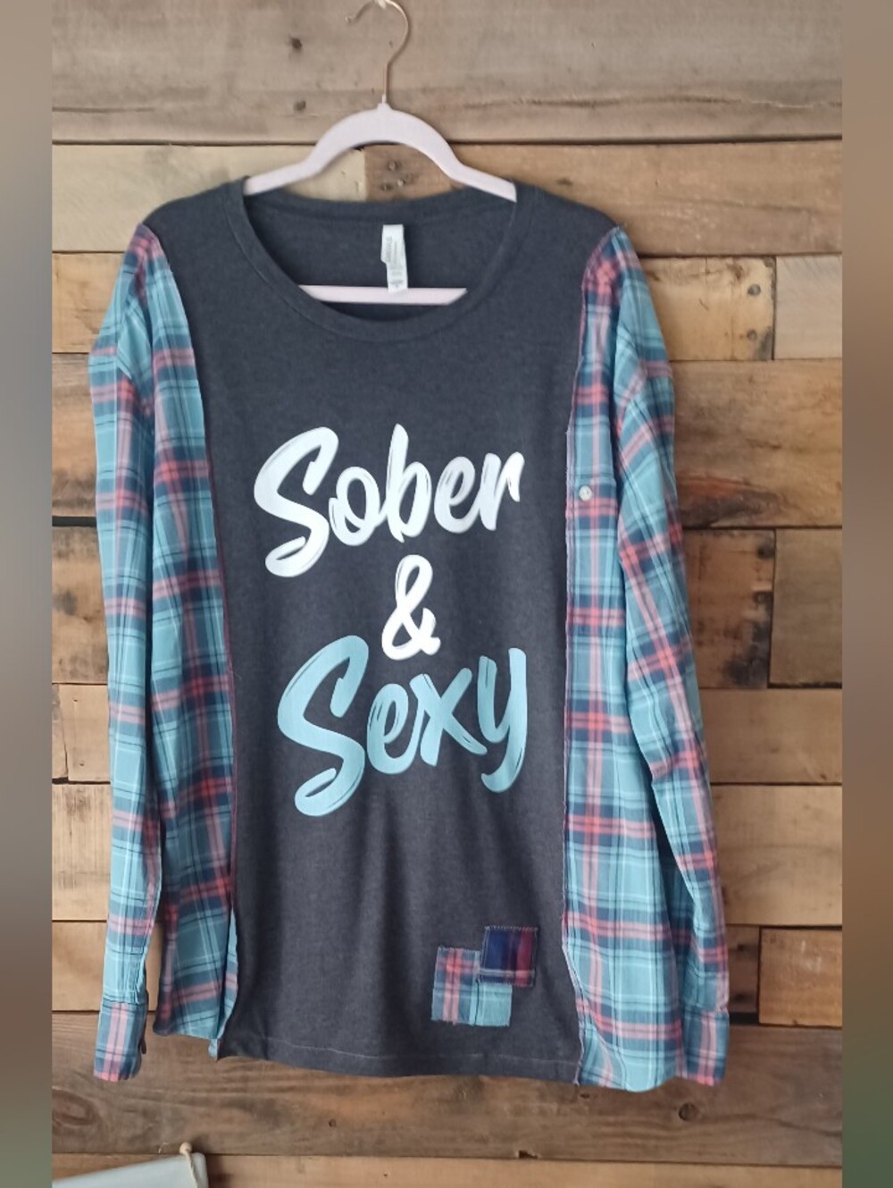 Upcycled Bella Canvas Gray Long Sleeve Tee with Blue and Pink Plaid Sleeves